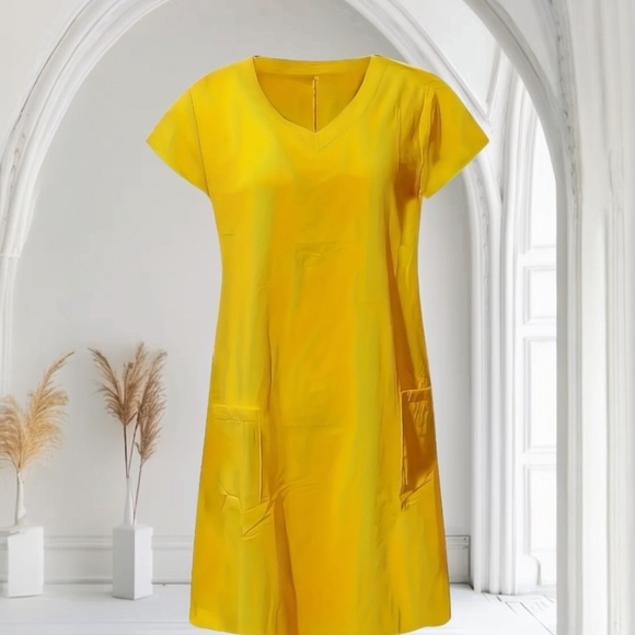 V-Neck Dress Pockets Short Sleeve A-Line - Picture 3 of 3